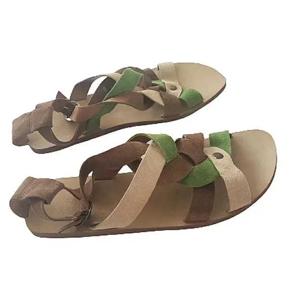 Nine West 9.5 Boho Gypsy Festival Suede Leather Strappy Flat Green Brown Sandals - Picture 4 of 10